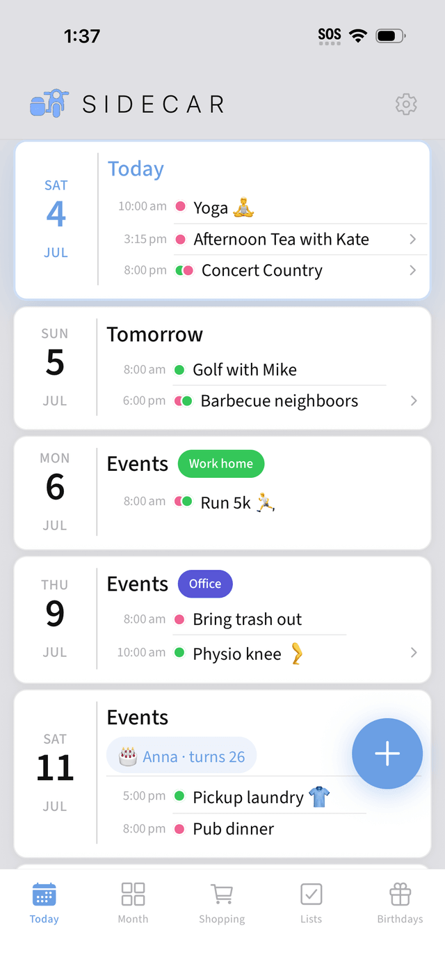 Today view with upcoming events