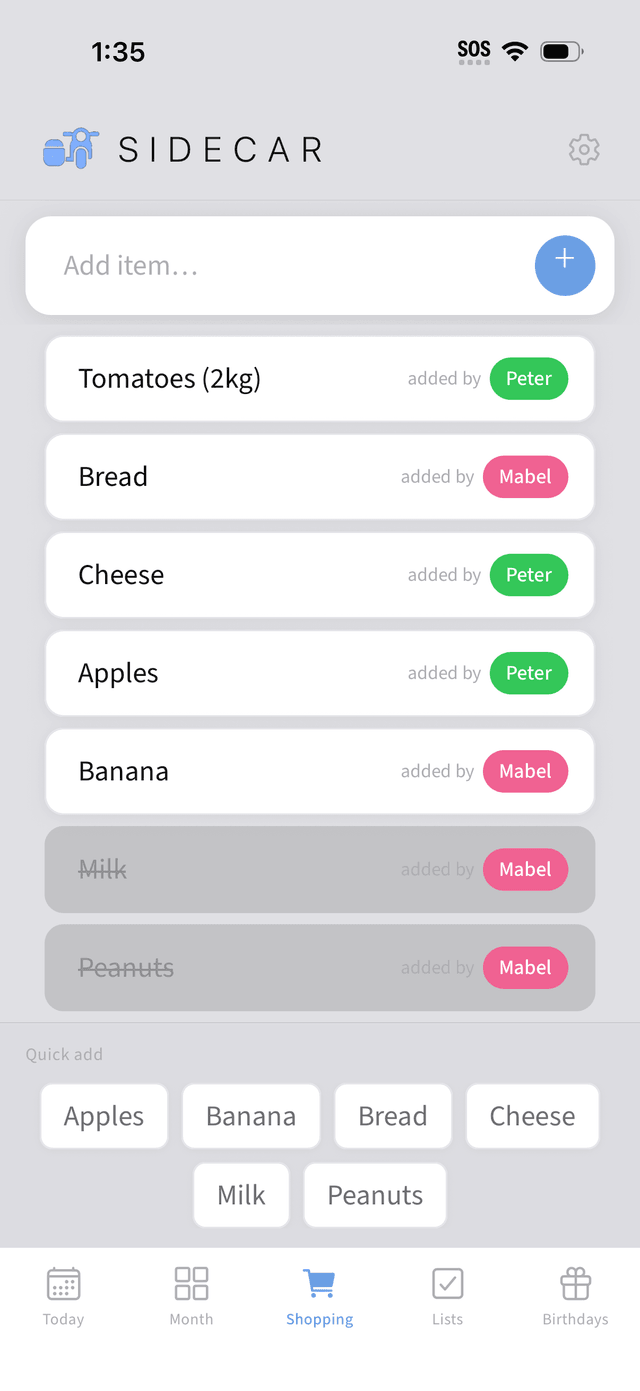 Shared shopping list showing who added each item